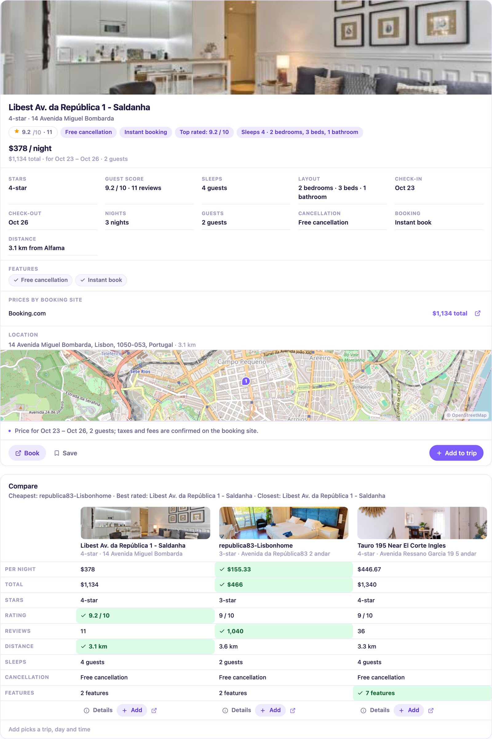 A hotel detail card with a photo, facts, prices by booking site and a map, followed by a comparison table of three hotels highlighting the cheapest, best rated and closest.