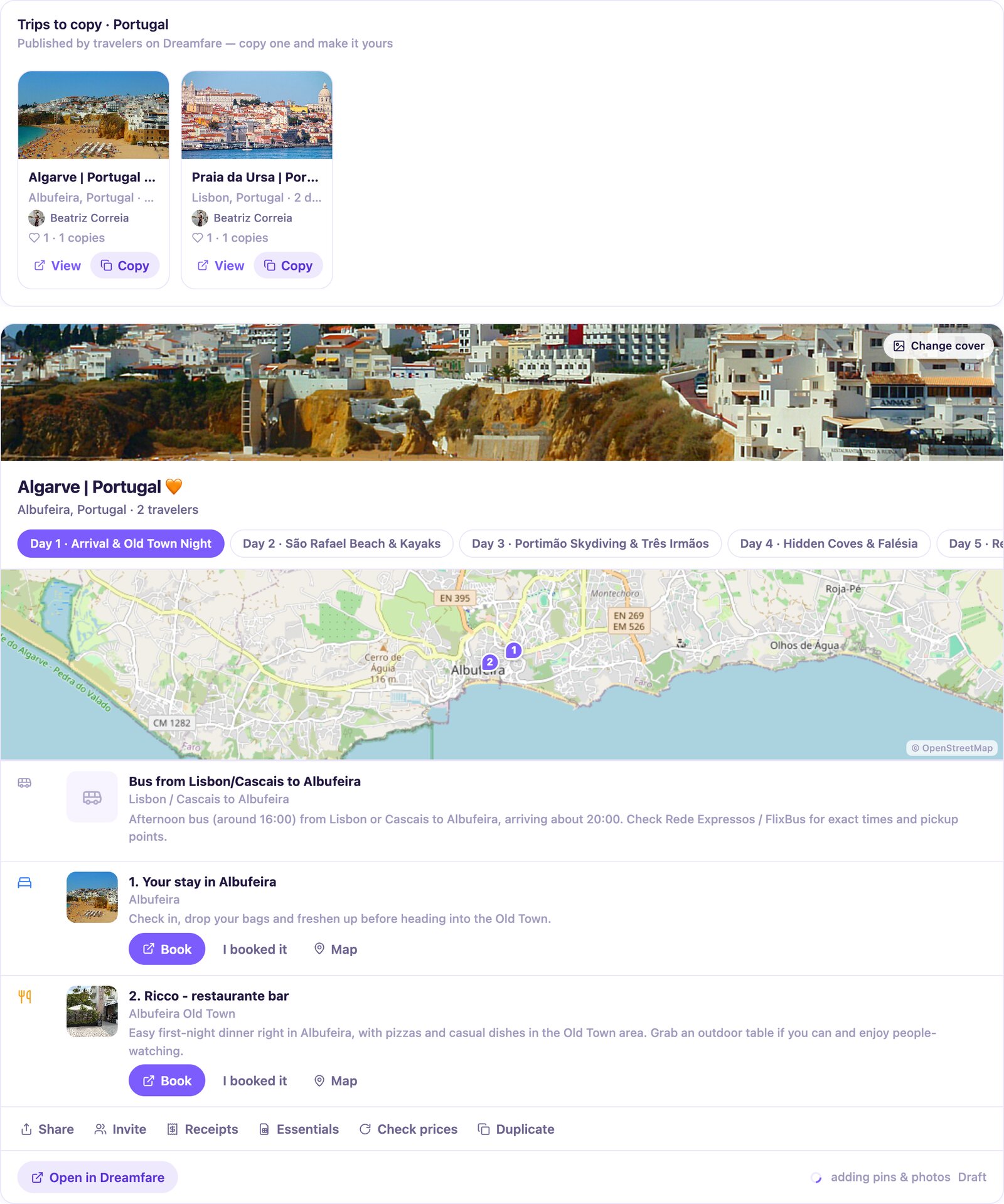 A grid of published Portugal trips with View and Copy buttons, followed by the copied Algarve trip as an editable trip card.