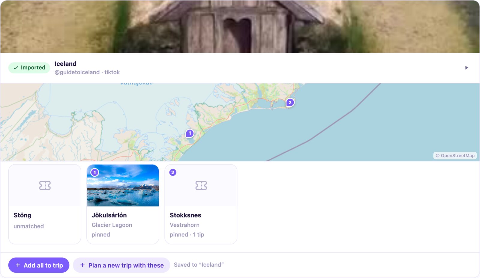 An import card for an Iceland TikTok: the places it mentions pinned on a map, with buttons to add them all to a trip or plan a new one.