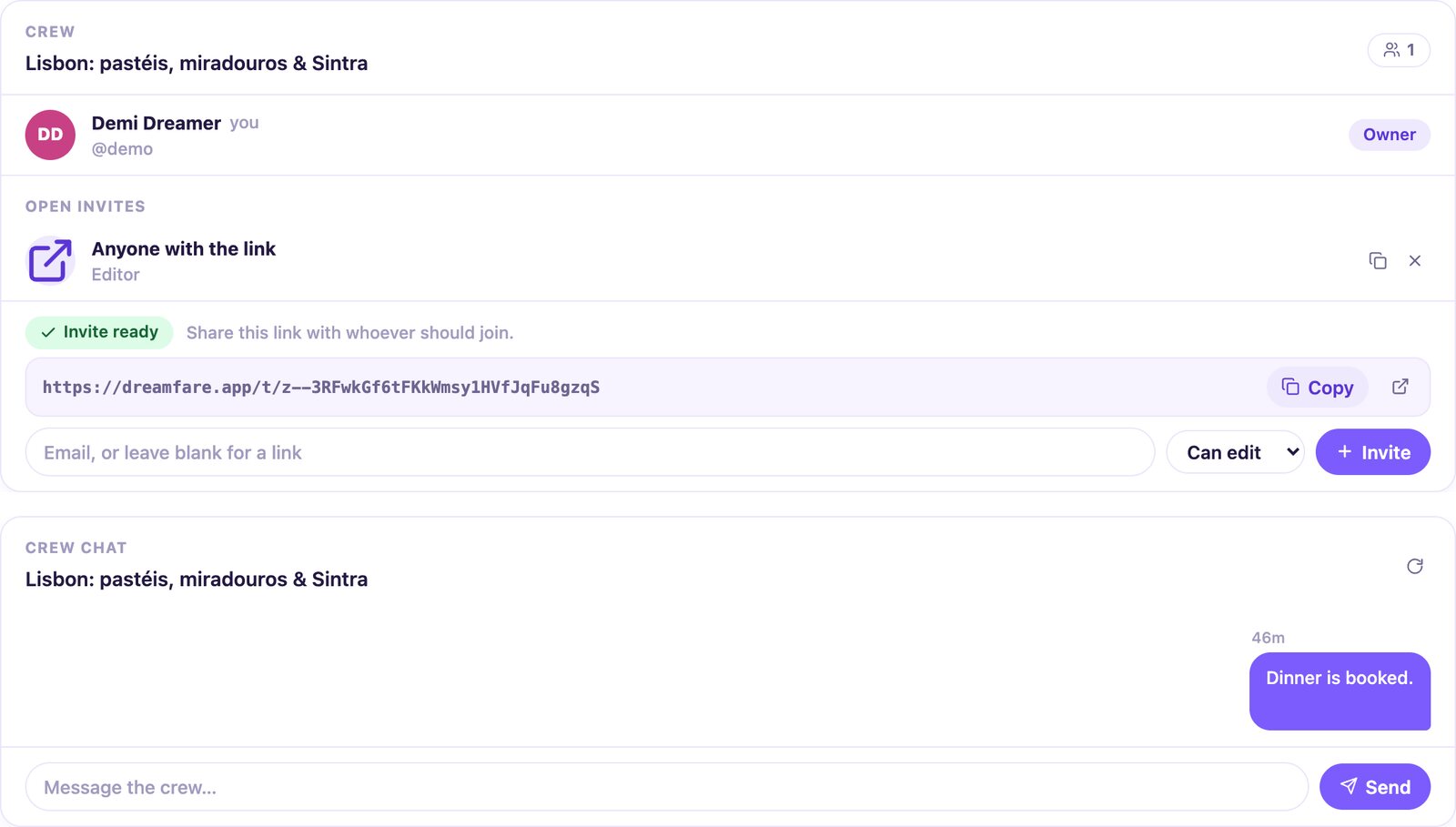 A crew card with a fresh editor invite link and a Copy button, followed by the trip chat card showing the posted message.