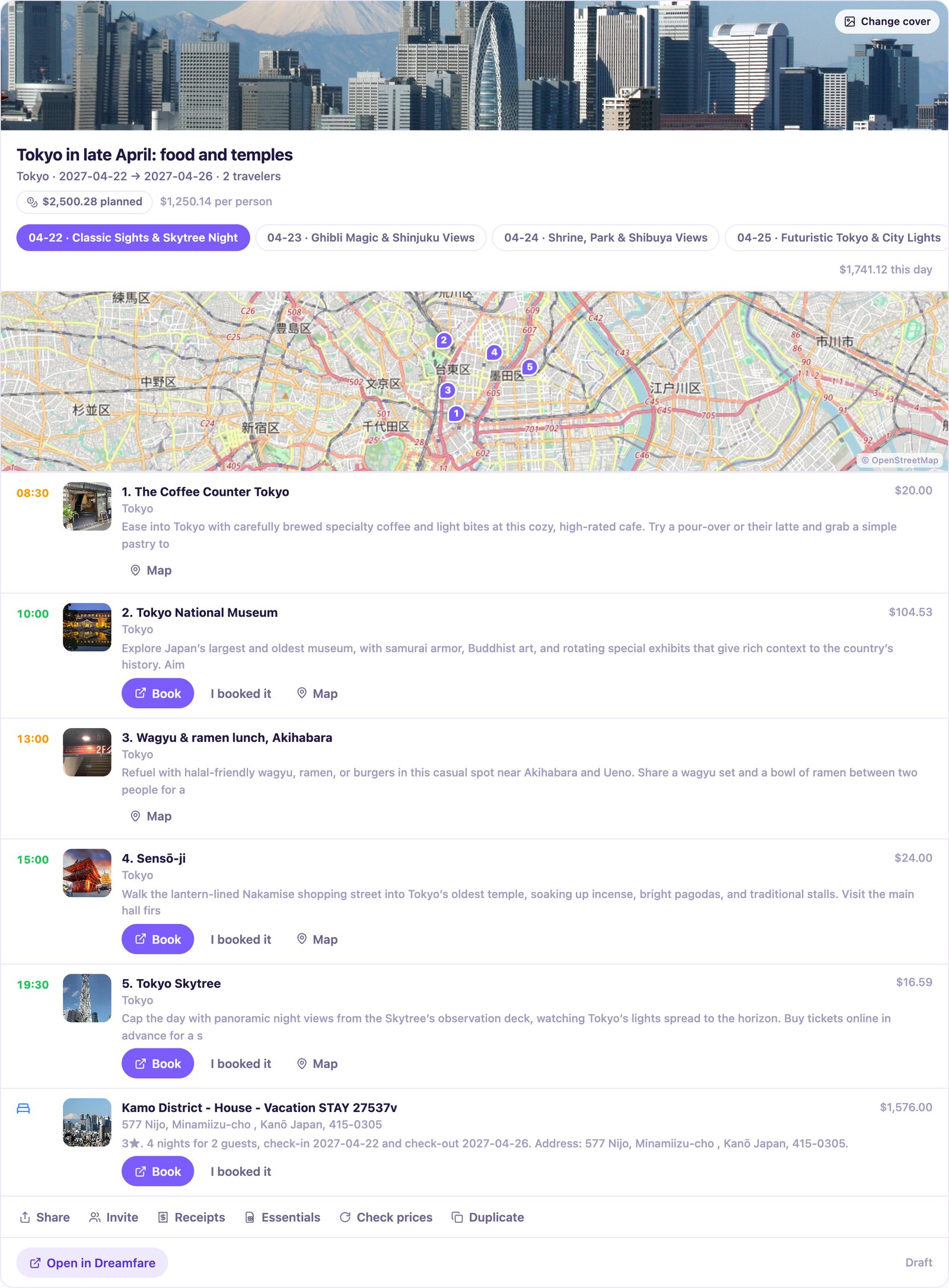 A Tokyo trip card inside the chat: cover photo, five day tabs, a map of the day's stops, and each stop with a time, photo, price and booking link.