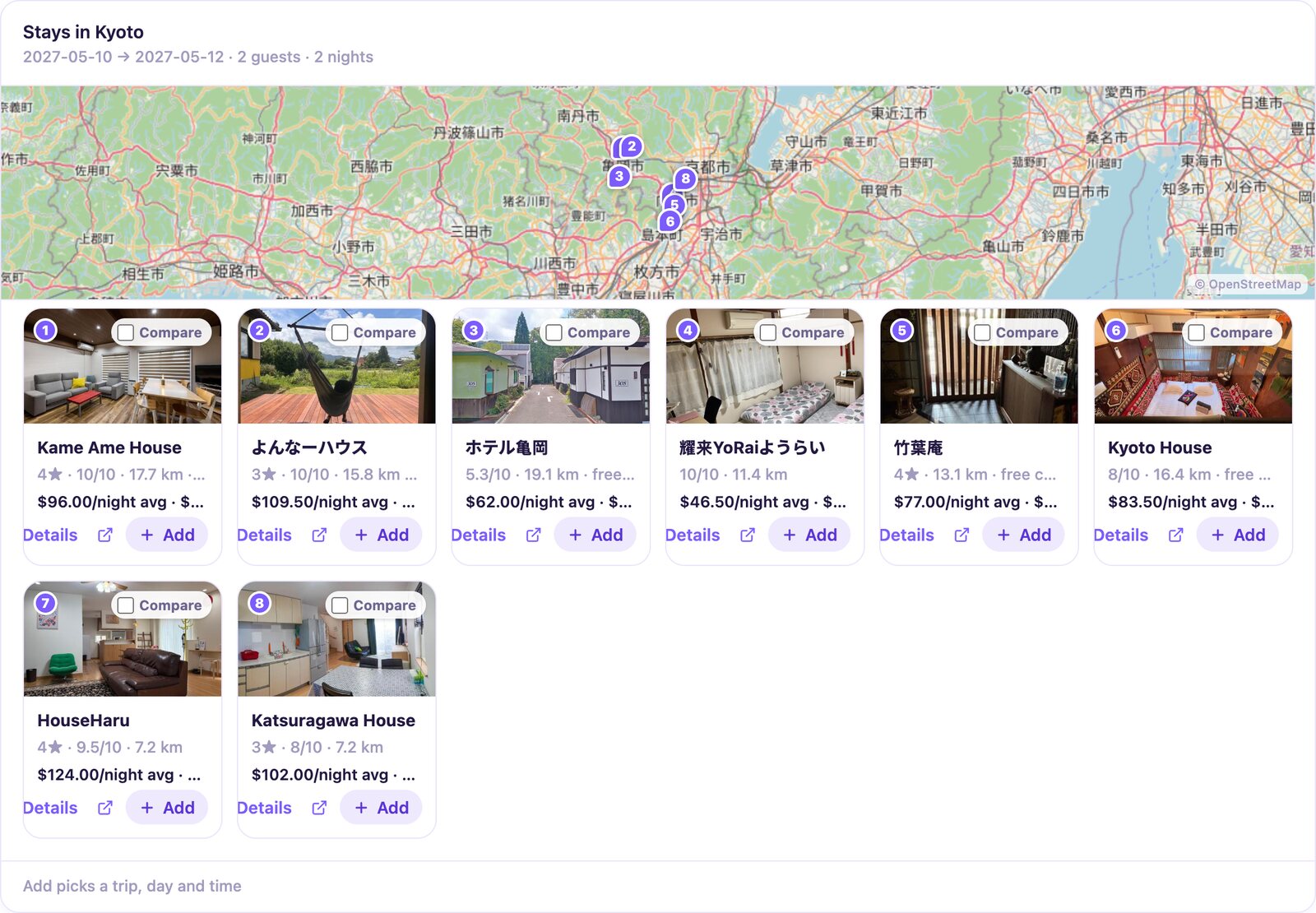 A Kyoto stays card: eight places to stay on a map, each with a photo, rating, nightly price and Details, Compare and Add buttons.