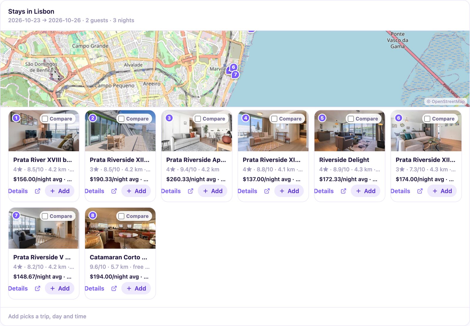 A Lisbon stays card: places to stay on a map, each with a photo, rating, nightly price and Details, Compare and Add buttons.